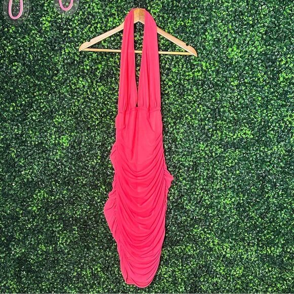 Guess Halter Ruched Hot Pink Barbie V Neck Dress Sz M - Picture 2 of 9